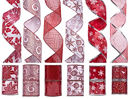 iPEGTOP Wired Christmas Ribbon, Assorted Shimmer Organza Glitter Gift Wrapping Fabric Ribbons DIY Craft Wedding Decorations, 36 Yards (12 Roll x 3 yd) by 2.5 inch, Red / White