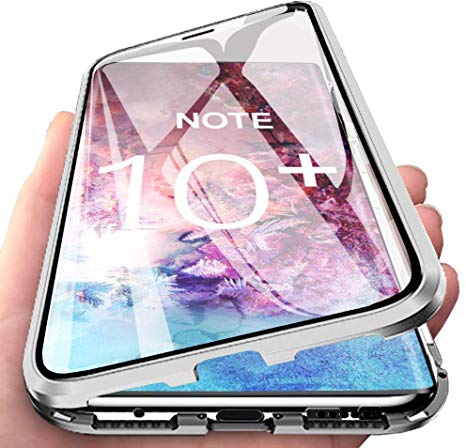 EabHulie Galaxy Note 10  Case, 360° Full Body Transparent Tempered Glass with Magnetic Adsorption Metal Bumper Case Cover for Samsung Galaxy Note 10  / Galaxy Note 10 Plus Silver