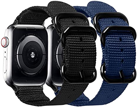 Misker Nylon Band Compatible with Apple Watch Band 44mm 42mm 40mm 38mm,Breathable Sport Strap with Metal Buckle Compatible with iwatch Series 5/4/3/2/1 (2-Packs Black/Navy Blue, 42mm/44mm)