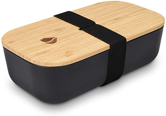 Navaris Bento Box - Japanese Style Lunch Box with Bamboo Lid for On The Go, Meal Prep, Snack Packing - BPA Free - Black, 23 oz