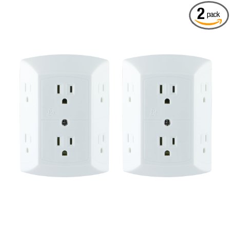 2 Pack: GE Grounded 6-Outlet Wall Tap with Adapter Spaced Outlets, Easy-to-Install, UL Listed, 40222