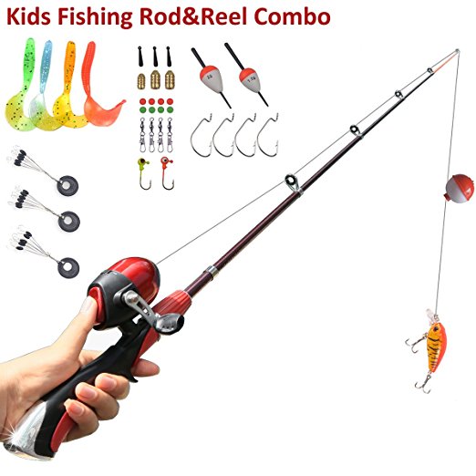 Kids Fishing Pole Spincast Reel Easiest Kids Fishing Rod 55 inches with Tackles Ready to Go