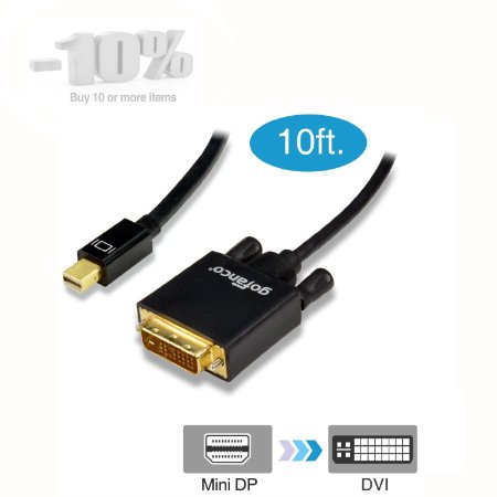 gofanco® Gold Plated 10 Feet Mini DisplayPort to DVI Adapter Cable - Black Thunderbolt Compatible MALE to MALE for Apple MacBook, MacBook Air, MacBook Pro, Mac Mini, Microsoft Surface Pro / Pro 2 / Pro 3 & Surface 3, Google Chromebook Pixel, and Laptops with Mini DisplayPort Ports to Connect to DVI Displays
