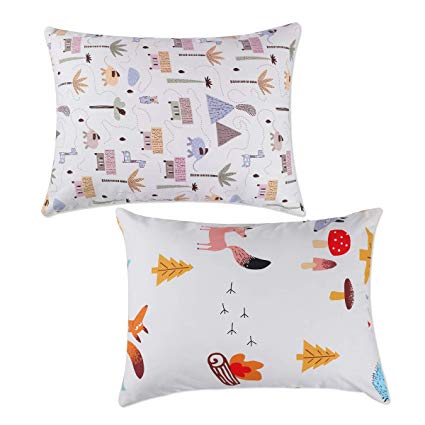 Onacosht Soft Cotton Toddler Pillowcases 14"x19" Pack of 2 for 13"x18" or 12"x16" Pillow, Zippered Closure Kid Pillow Cover with Trees Mushrooms Fox Elephants Printing