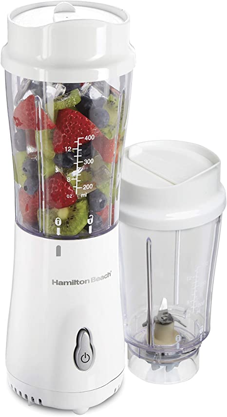 Hamilton Beach Personal Blender for Shakes and Smoothies with 2 BPA-Free Portable 14oz Travel Jars, (51102V), White w/Gray Button