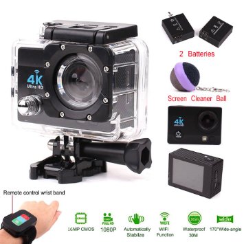 4K Ultra HD Wifi Sports Cam,2.0" 1080P 16MP Screen 170 Super Wide Angle Lens with 2.4G Wireless RF Remote Control for Outdoor Sports,Diving Underwater Deep Waterproof Photography-Black