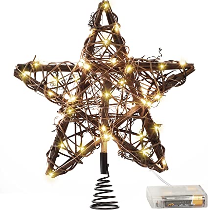 Star Tree Toppers Christmas Decorations Indoor Natural Brown Rattan Star Christmas Tree Topper Lighted Rustic Rattan Star Rustic Rattan Treetop Holiday Xmas Party Decorations (Warm White Light)