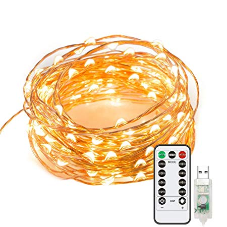 Chalpr 100 LED 32.8Ft String Lights, USB Plug-in Remote Dimmable Festival Fairy Lights Warm White Starry String Lights for Bedroom, IP65 Waterproof for Seasonal Holiday Indoor & Outdoor Use
