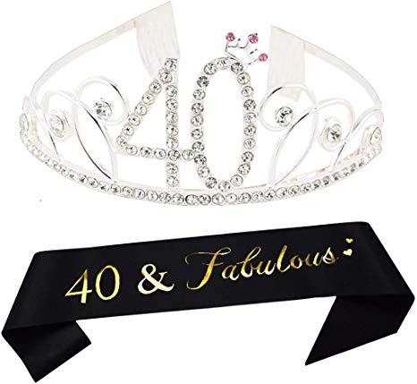 40th Birthday Tiara and Sash Happy 40th Birthday Party Supplies 40 Fabulous Black Glitter Satin Sash and Crystal Tiara Princess Birthday Crown for Women 40th Birthday Party Decorations