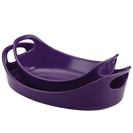 Rachael Ray Stoneware 1-1/4-Quart and 2-1/4-Quart Oval Bubble & Brown Baker Set, Purple