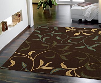 Ottomanson Ottohome Contemporary Leaves Design Modern Area Rug With Non-Skid Rubber Backing 8'2"W x 9'10"L, Chocolate