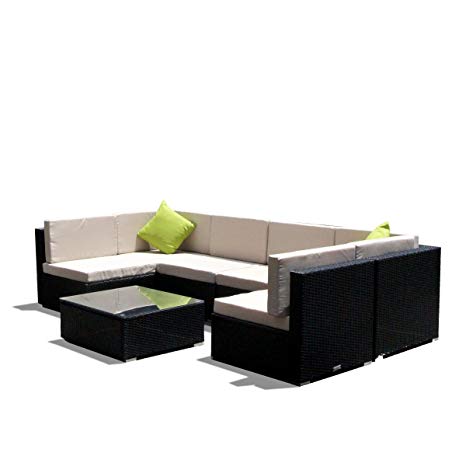 AECOJOY 7 Piece Outdoor Patio PE Rattan Wicker Sofa Cushioned Sectional Furniture Set (7 Pieces, Black)