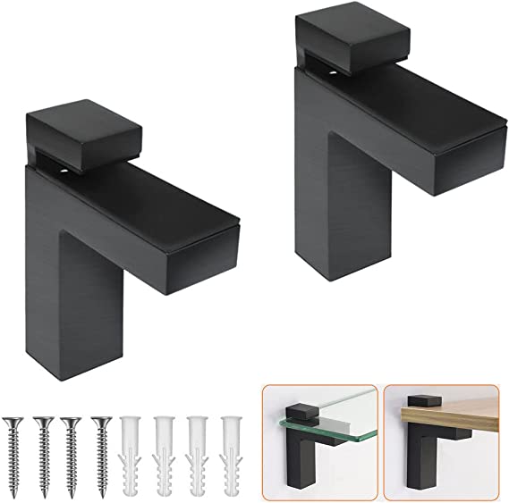 Metal Adjustable Floating Shelf Hardware, Wood/Glass Shelf Bracket Wall MountIing,Adjustable Clamp for 0.2"-1.1" Wood or Glass Black, Large, 2Pack