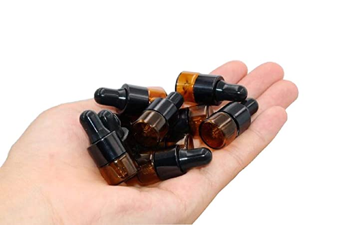 30Pcs Amber Glass Dropper Bottles Mini Empty Sample Vials Essential Oil Dropping Bottles Perfume Jars Cosmetic Container with Glass Eye Dropper and Black Caps (1ml)