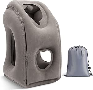 MoKo Inflatable Travel Pillow, Comfortable Neck Pillow with Storage Bag Support Shoulder and Neck to Avoid Pain for Airplane Train Office Car Travel Home, Gray