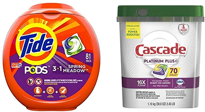 Tide Pods 3 in 1, Laundry Detergent Pacs, Spring Meadow Scent, 81 Count with Cascade Platinum Plus Dishwasher Pods, ActionPacs Detergent, Lemon, 70 Count