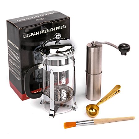 Luspan 32oz French Press Coffee Makers with Stainless Steel Manual Coffee Grinder,Free Bonus Spare Burr Lock & Cleaning Brush