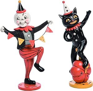 Set of 2 Johanna Parker Design Vintage Look Halloween Parade Hand Painted Figurines Cat and Skeleton