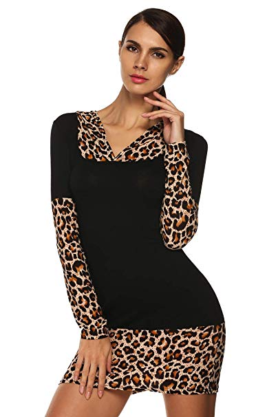 Finejo Stylish Women Long Sleeve Leopard Stretch Bodycon Patchwork Mini Dress