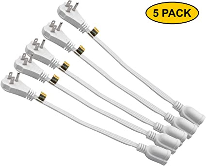 ClearMax Angled 2 prong Extension Cord White Single Outlet, 1 Foot, 5 Pack, UL listed