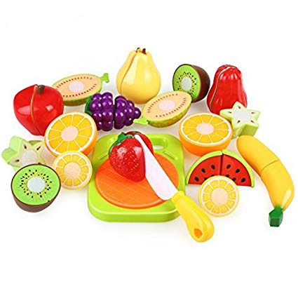 Peradix Play Food Cutting Fruit Set for Kids Pretend Role Play - Plastic Toy Food Kitchen Accessory （with Sticker & Apron）