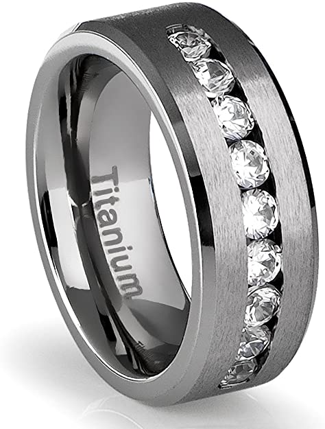 Cavalier Jewelers 8MM Men's Titanium Ring Wedding Band with Flat Brushed Top and Channel Set CZ