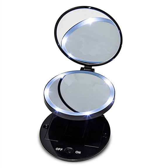 Runytek LED Lighted Double Sided Makeup Mirror with 1X/5X Magnifying Mirror - Luxury Folding Hand held Mirror for Travel - Black Color