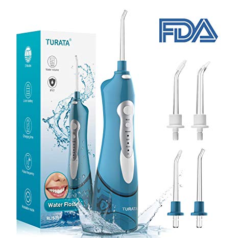 TURATA Water Flosser Cordless Oral Irrigator Waterproof Portable Electronic Teeth Cleaner, 3 Modes and 4 Jet Tips with Higher Water Pressure