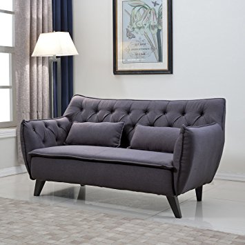 Divano Roma Furniture Mid Century Linen Fabric Loveseat, Dark Grey