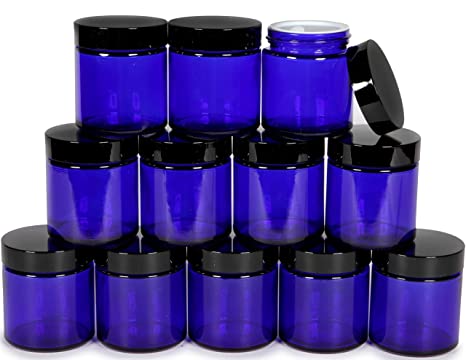 Vivaplex, 12, Cobalt Blue, 4 oz, Round Glass Jars, with Inner Liners and Black Lids