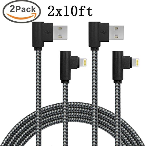 APFEN Angled Lightning Cable Nylon Braided 90 Degree Lightning to USB Cable for iPhone 7/6/5 iPad Pack of 2 (10ft, Grey Black)