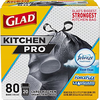 Glad Forceflex Kitchen Pro Drawstring Trash Bags - Febreze Fresh Clean - 20 Gallon - 80 Count