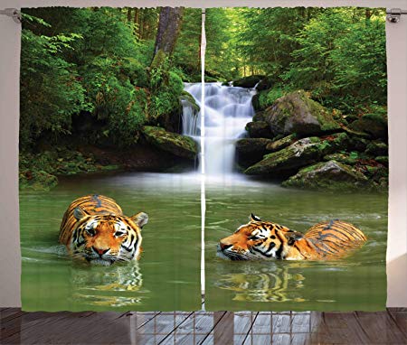 Ambesonne Safari Curtains, Siberian Tigers in Water Waterfall Pool Woodland Swimming Natural, Living Room Bedroom Window Drapes 2 Panel Set, 108" X 90", Green White