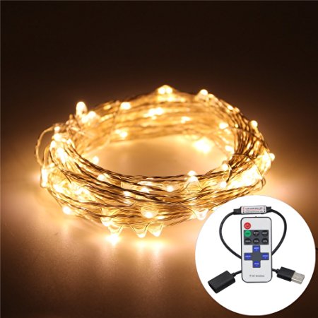 33FT USB LED Fairy String Lights, BEILAI Flexible Sliver Copper Wire Light with RF Remote Control (3500K Warm White)