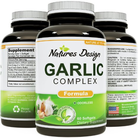 Odorless Garlic and Parsley Supplement - Promotes Healthy Blood Circulation, Lower Cholesterol Levels and Cardiovascular Health - Potent and Effective for Women & Men - Guaranteed By Natures Design
