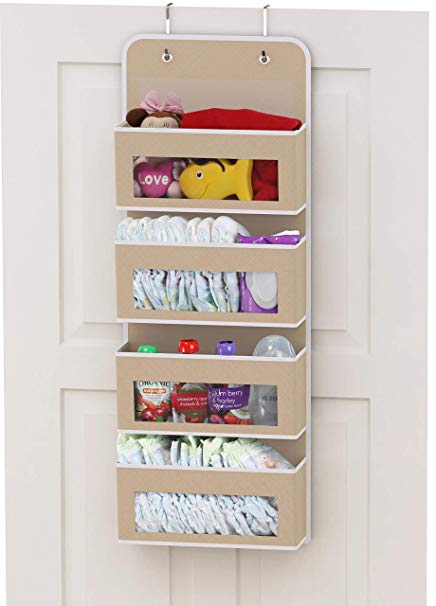 Simplehouseware Over Door/Wall Mount 4 Clear Window Pocket Organizer, Beige