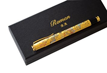 Roman Premium Vintage Fountain Pen Matte Black Ink Luxuary Antique Gold Trim Medium Nib with a Refill -Made in Japan-