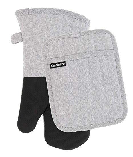 Cuisinart Kitchen Oven Mitt/Glove & Rectangle Potholder with Pocket Set- Neoprene for Easy Gripping, Heat Resistant Chambray Kitchen Accessories- Light Grey