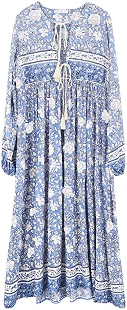 R.Vivimos Women's Long Sleeve Floral Print Retro V Neck Tassel Bohemian Midi Dresses