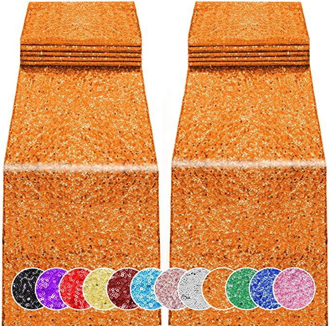 2 Pack 12 x 108 inches Sequin Table Runner for Birthday Wedding Bridal Shower Baby Shower Bachelorette Holiday Celebration Party Decorations Tables Supplies (2, Orange)