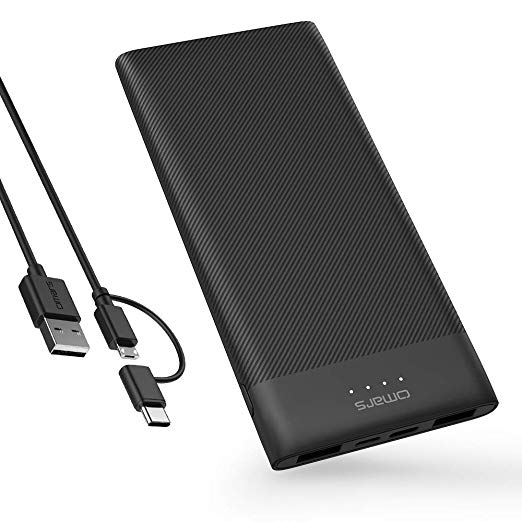 Omars Power Bank USB C Fast Charge 15W PD Power Bank 10000mah Super Slim Portable Charger With Type C Port (Input /Output5V/3A), Dual USB-A QC 3.0 Ports External Phone Battery Compatible for iPhone X 8 7 Plus 6s 6 SE 5 iPad Air Mini Samsung Galaxy S9 S8 S7 edge S6 Smartphone Mobile phone Battery Pack