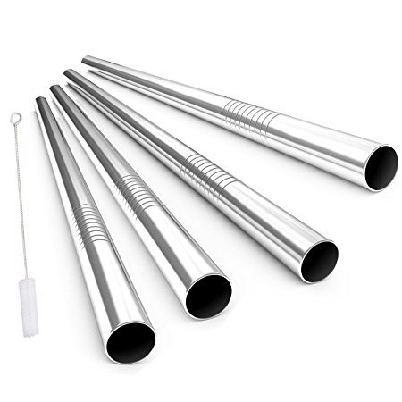 Stainless Steel Drinking Straws, Alink Extra Wide Long Reusable Fat Boba Metal Smoothie Straws Jumbo, 12 mm X 9 in Set of 4 with Cleaning Brush