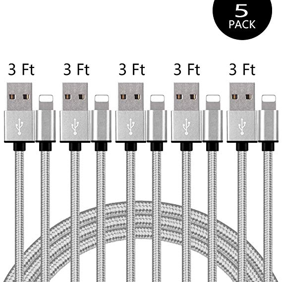 iPhone Fast Cable Charger,MFi Certified Lightning Cable 5 Pack [3 FT] Nylon Braided USB Charging & Syncing Cord Compatible with iPhone Xs/Max/XR/X/8/8Plus/7/7 Plus/6S/6S Plus/SE/5/5S/iPad and More