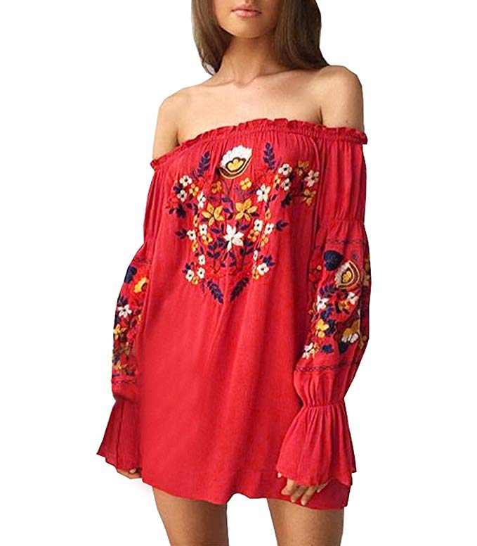 R.Vivimos Womens Floral Embroidered Off Shoulder Long Sleeve Short Dresses