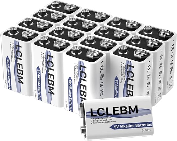 LCLEBM 9 Volt Batteries Alkaline 9V Battery, 9 Volt Alkaline 6LR61 Battery Disposable Long Lasting, All-Purpose 9V Non-Rechargeable Battery for Smoke Detector - 16 Counts