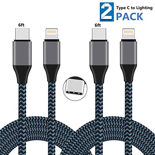 Sundix USB C to Lightning Cable 2Pack 6ft Nylon Braided Charging Syncing Cord Compatible with iPhone XS XR X 8 8 Plus 7 7 Plus 6 7s Plus SE Connect MacBook (Black) (Black)