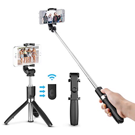 Bluetooth Selfie Stick Tripod, ELEGIANT 2 in 1 Extendable Monopod Selfie Stick with Removable Mini Bluetooth Remote, Adjustable Head, Tripod Stand Selfie Stick Compatible iPhone/Huawei/Samsung (Black)