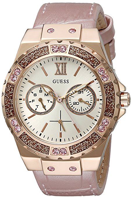 GUESS Women's U0775L3 Sporty Rose Gold-Tone Stainless Steel Watch with Multi-function Dial and Pink Strap Buckle