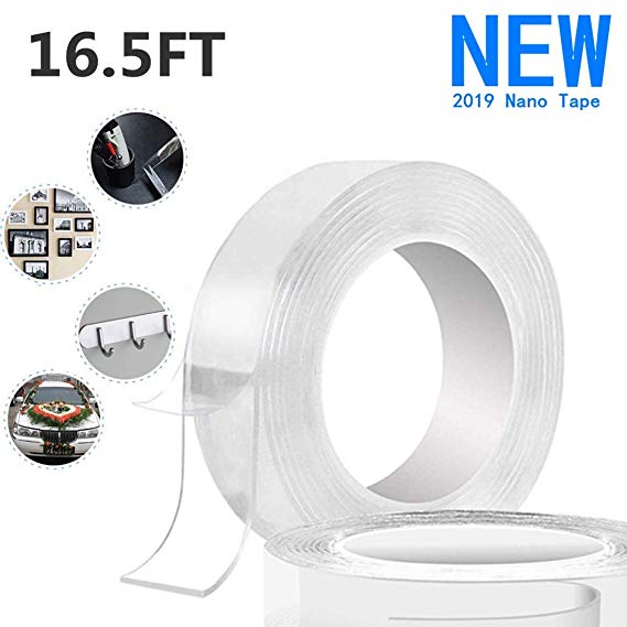 [2019 New]16.5Ft Washable Reusable Adhesive Multi-Funtion Nano Tape, Free to Remove Transparent Traceless Tape, Heavy Duty Silicone Double-Sided Tape Stick to Glass, Metal, Kitchen Cabinets or Tile