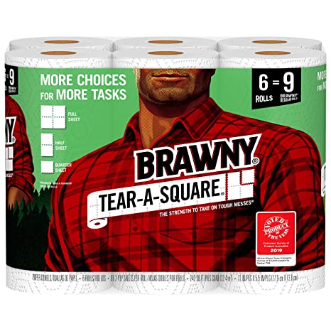 Brawny Tear-A-Square Paper Towels, 6 Rolls, 6 = 9 Regular Rolls, 3 Sheet Size Options, Quarter Size Sheets